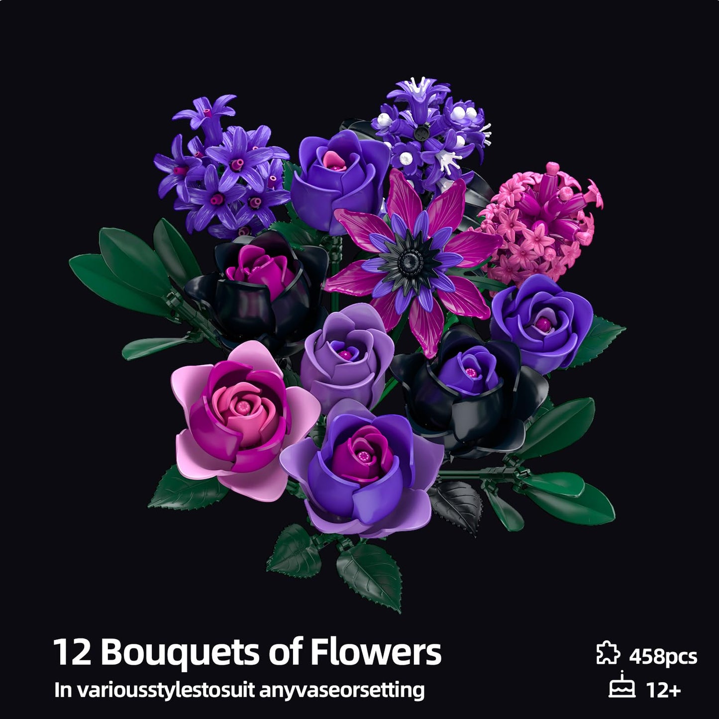 iLacven Purple Rose Flowers Bouquet Building Set – Gothic Decor for Home, Office, and Gifts