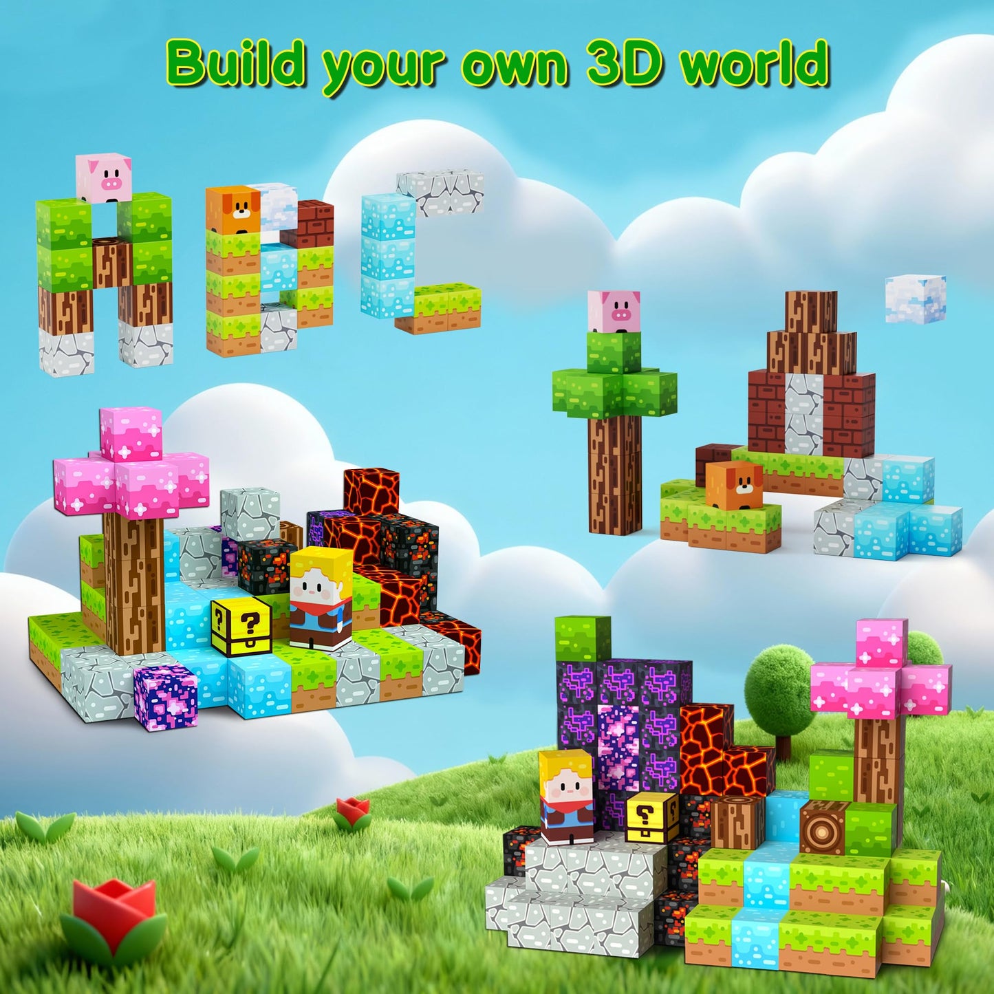 iLacven Magnetic Blocks Minecraft-Style – 60pcs Travel STEM Toy Set for Kids 3–12