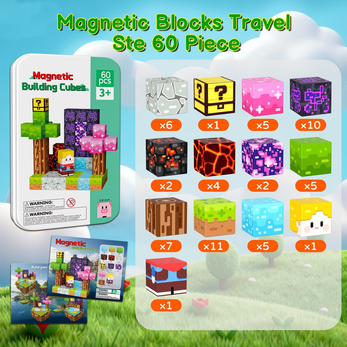 iLacven Magnetic Blocks Minecraft-Style – 60pcs Travel STEM Toy Set for Kids 3–12