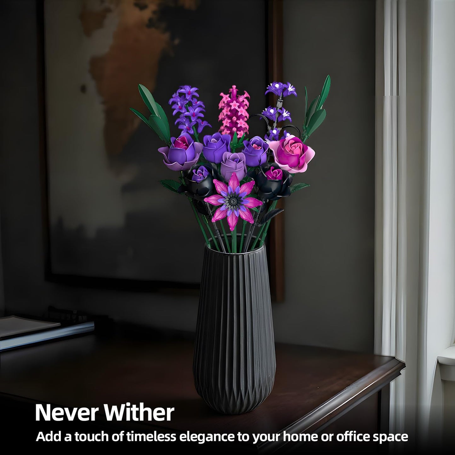 iLacven Purple Rose Flowers Bouquet Building Set – Gothic Decor for Home, Office, and Gifts