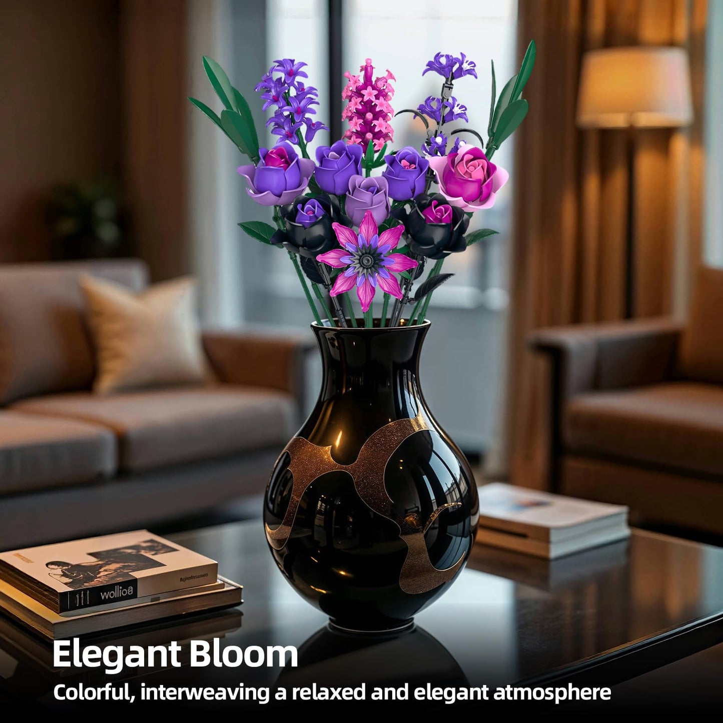 iLacven Purple Rose Flowers Bouquet Building Set – Gothic Decor for Home, Office, and Gifts