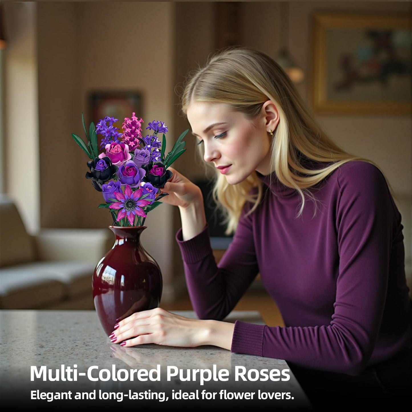 iLacven Purple Rose Flowers Bouquet Building Set – Gothic Decor for Home, Office, and Gifts