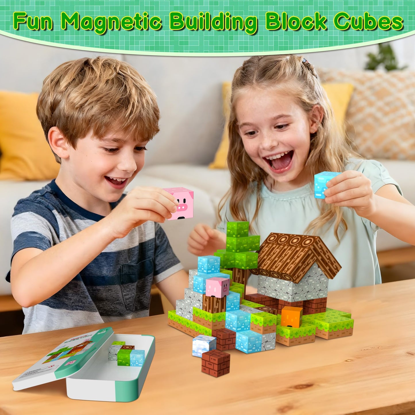 iLacven Magnetic Blocks Minecraft-Style 35-Piece Travel STEM Building Set