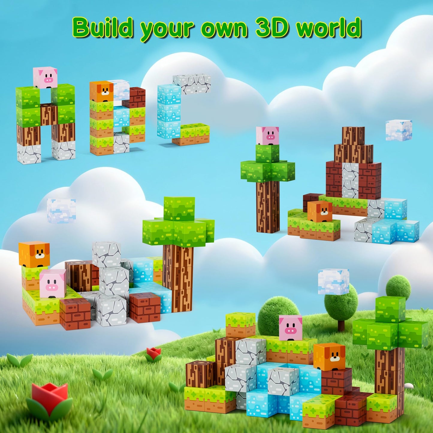 iLacven Magnetic Blocks Minecraft-Style 35-Piece Travel STEM Building Set
