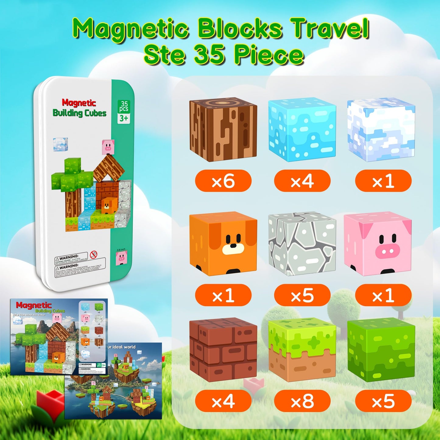 iLacven Magnetic Blocks Minecraft-Style 35-Piece Travel STEM Building Set