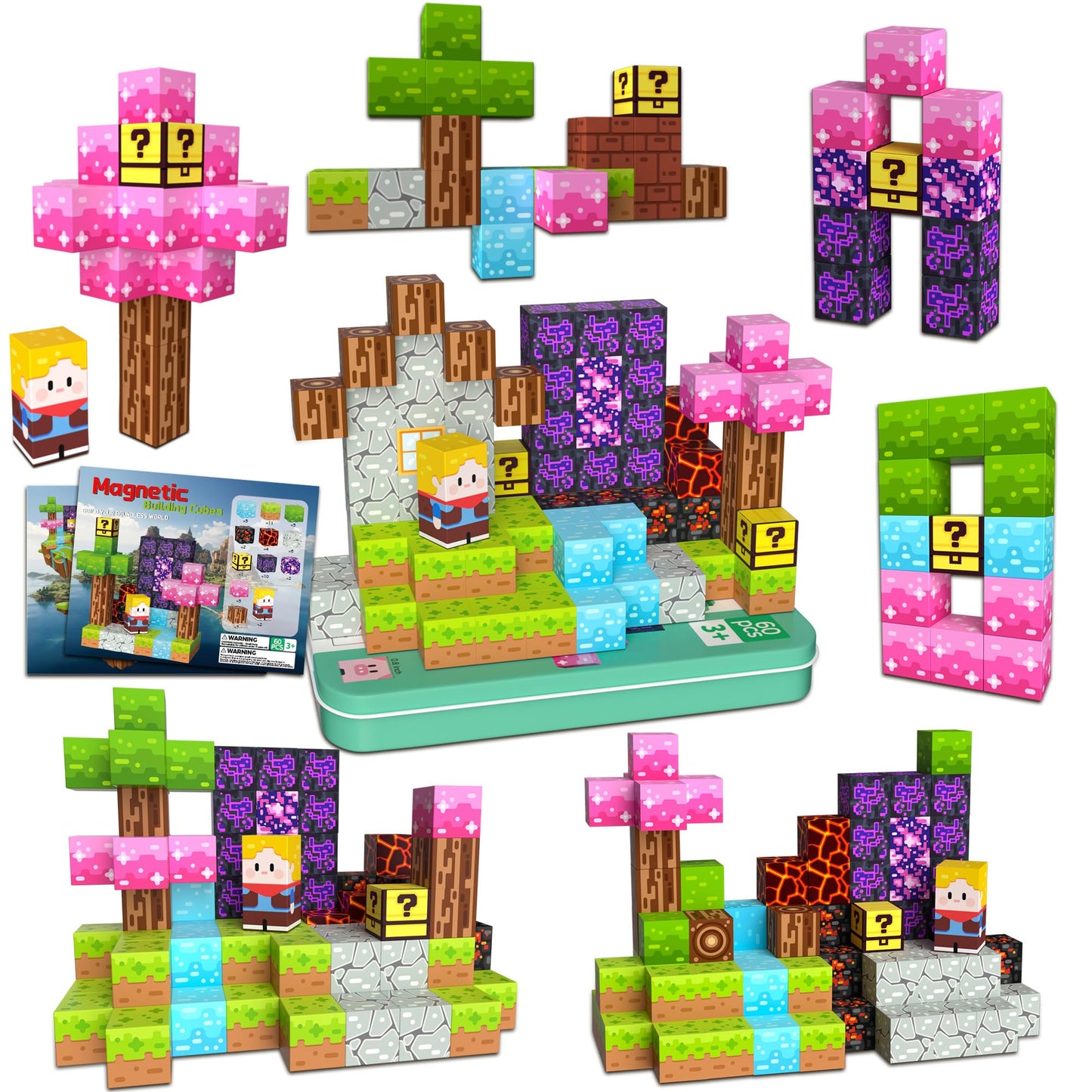 iLacven Magnetic Blocks Minecraft-Style – 60pcs Travel STEM Toy Set for Kids 3–12