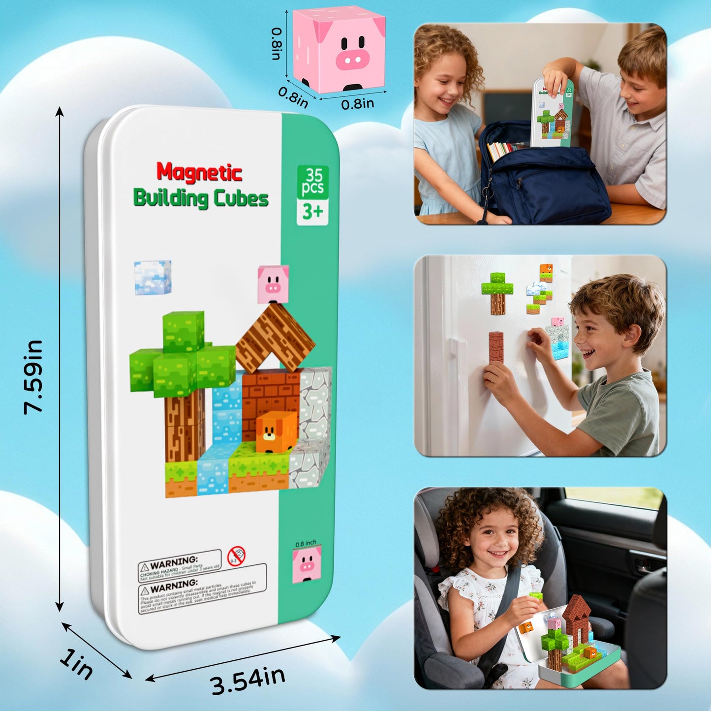 iLacven Magnetic Blocks Minecraft-Style 35-Piece Travel STEM Building Set