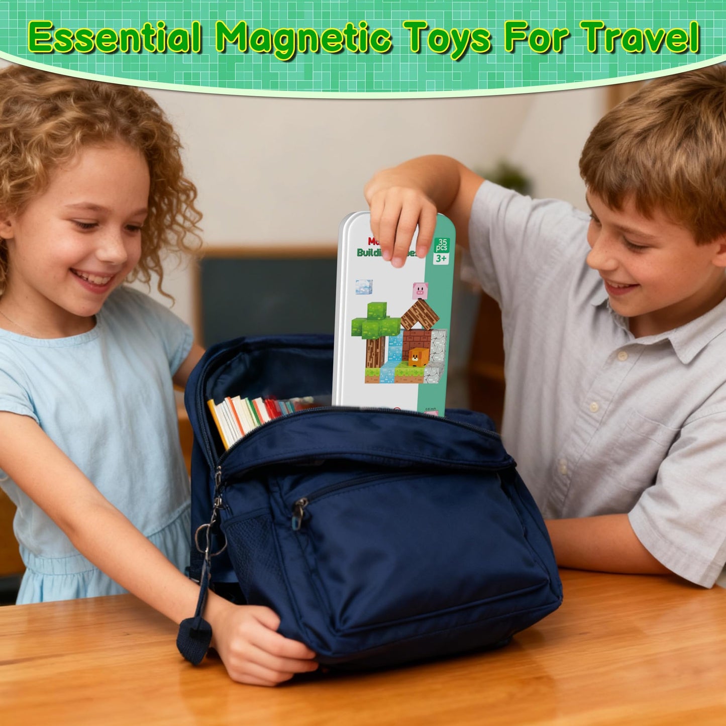iLacven Magnetic Blocks Minecraft-Style 35-Piece Travel STEM Building Set