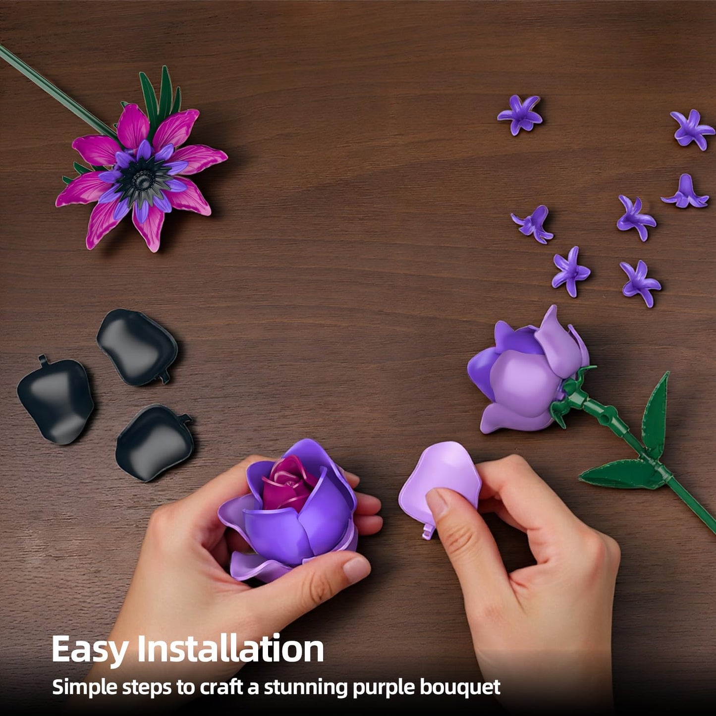 iLacven Purple Rose Flowers Bouquet Building Set – Gothic Decor for Home, Office, and Gifts
