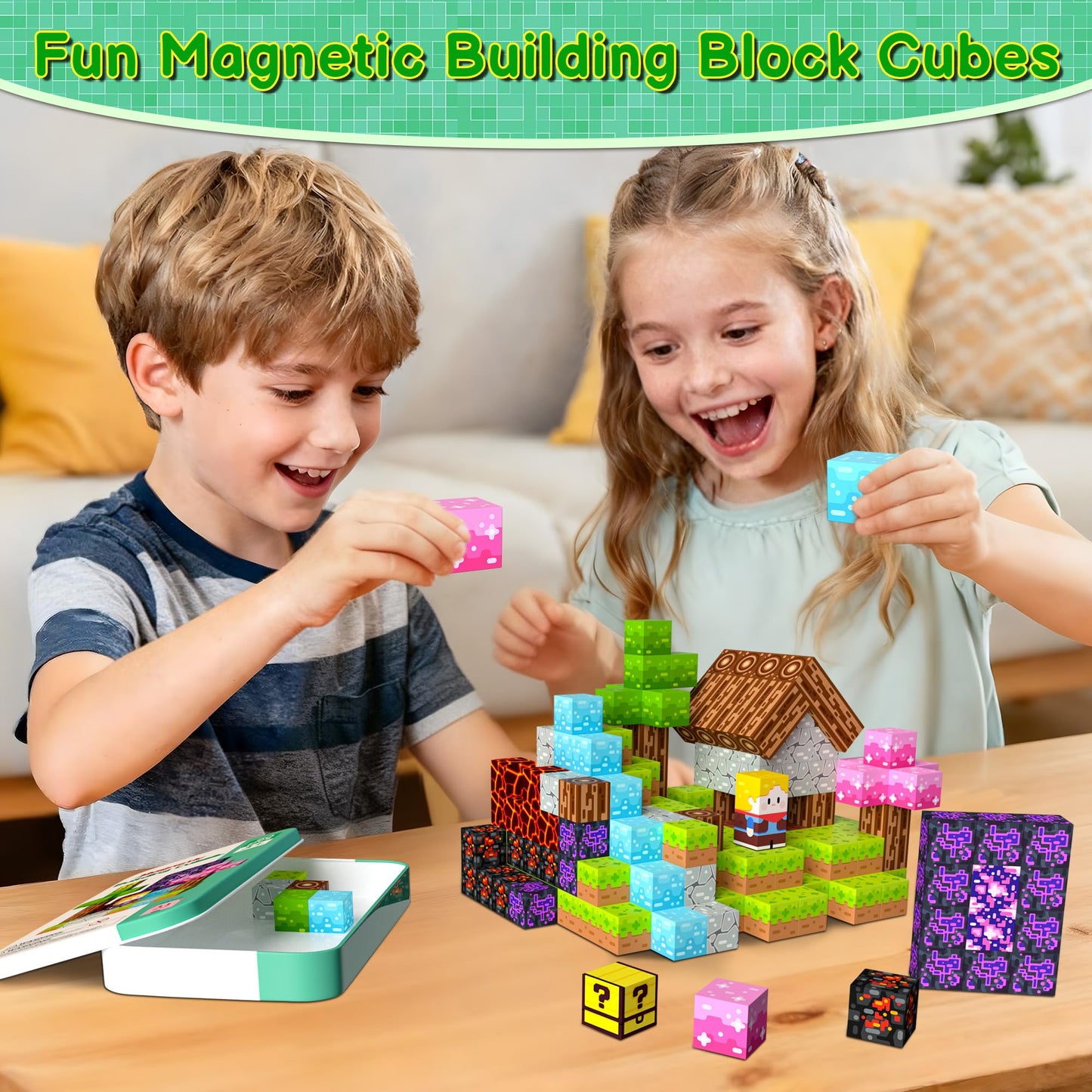 iLacven Magnetic Blocks Minecraft-Style – 60pcs Travel STEM Toy Set for Kids 3–12