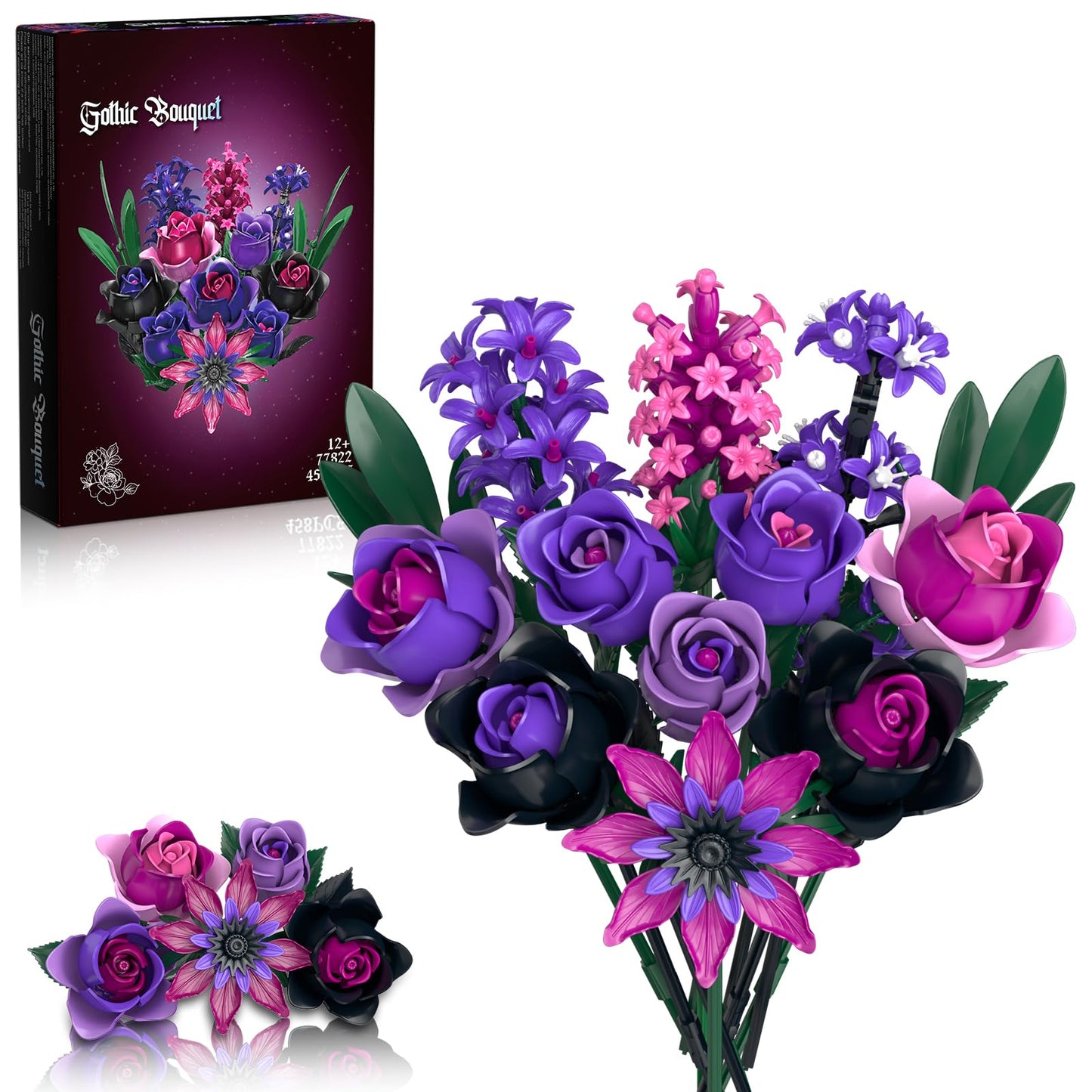 iLacven Purple Rose Flowers Bouquet Building Set – Gothic Decor for Home, Office, and Gifts