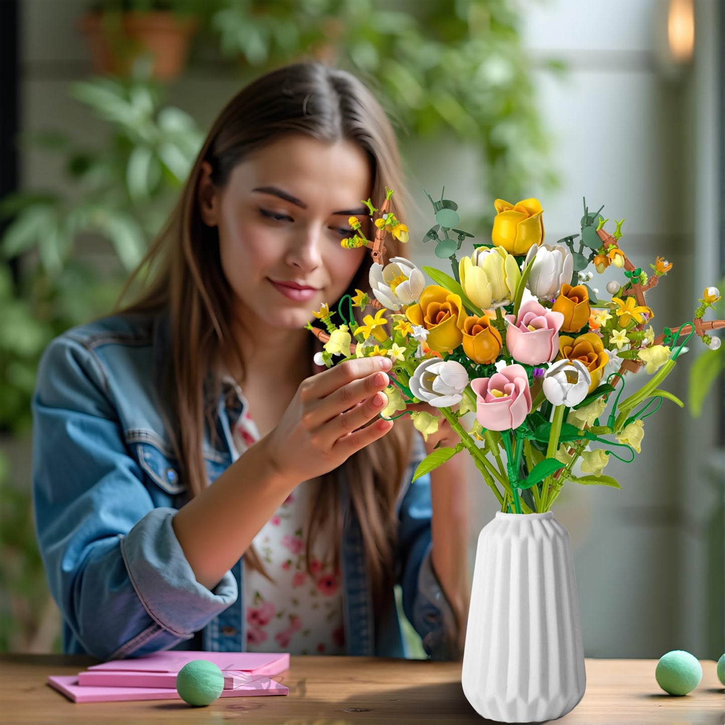 iLacven Tulip Rose Bouquet Building Set – Lego-Style Floral DIY for Gifts & Home Decor