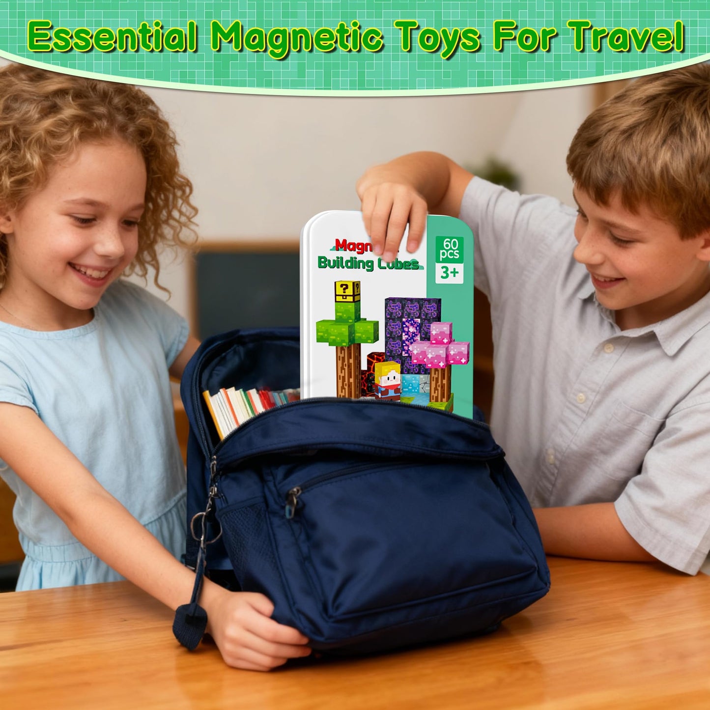 iLacven Magnetic Blocks Minecraft-Style – 60pcs Travel STEM Toy Set for Kids 3–12