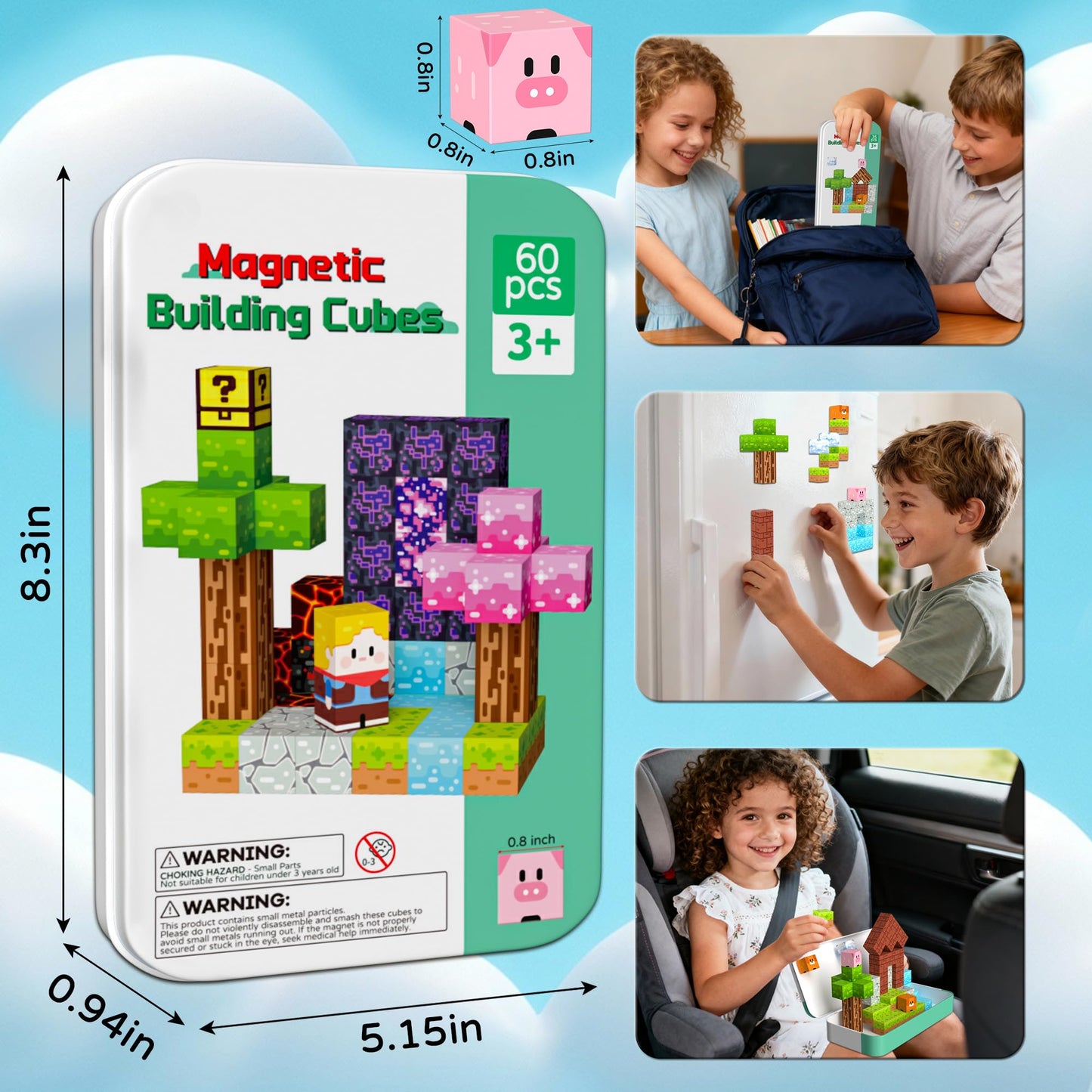 iLacven Magnetic Blocks Minecraft-Style – 60pcs Travel STEM Toy Set for Kids 3–12