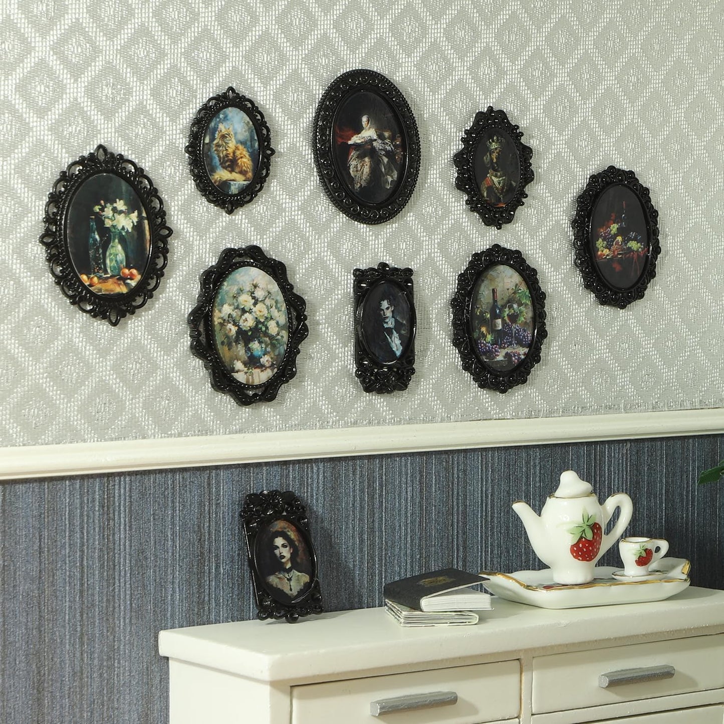 iland 1/12 Scale Tiny Frame Art – 7 Frames + 14 Mini Paintings for Dollhouse Decor (Black Frames)