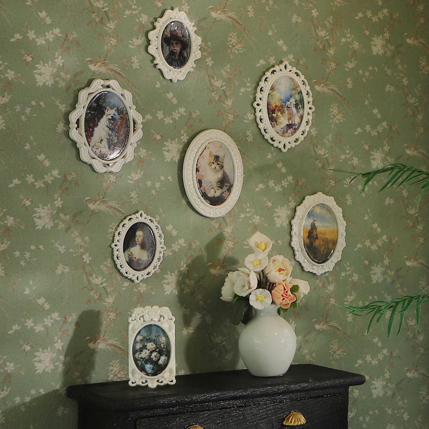 iland 1/12 Scale Tiny Frames Kit – 7 Frames + 14 Mini Pictures for Dollhouse Decor (White Frame Art)