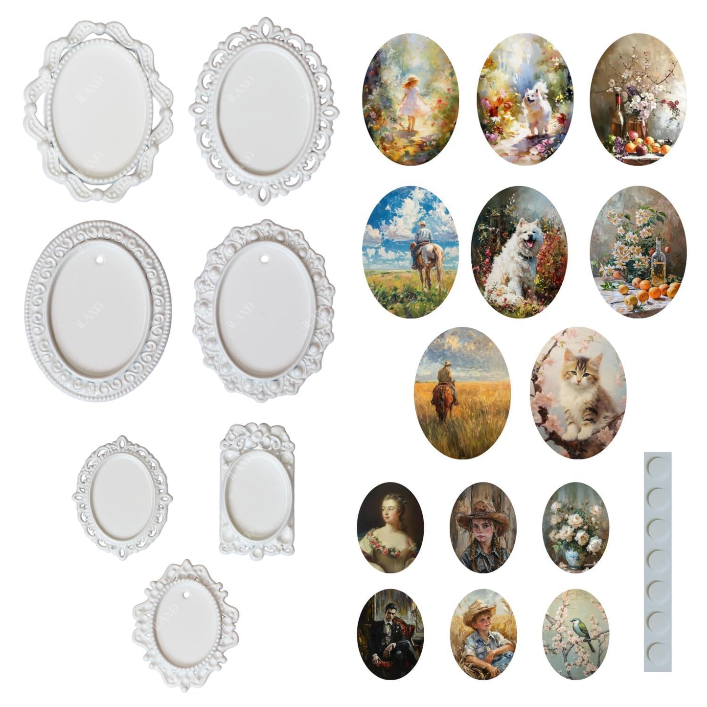 iland 1/12 Scale Tiny Frames Kit – 7 Frames + 14 Mini Pictures for Dollhouse Decor (White Frame Art)