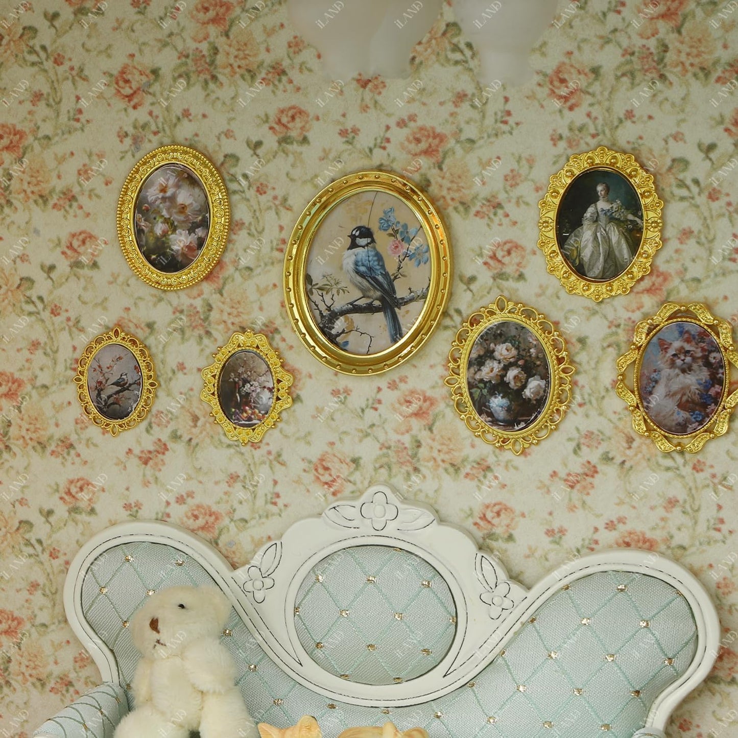 iLAND 1/12 Scale Tiny Frames – 7 Frames + 14 Miniature Pictures | Golden Tiny Frame Art for Dollhouses