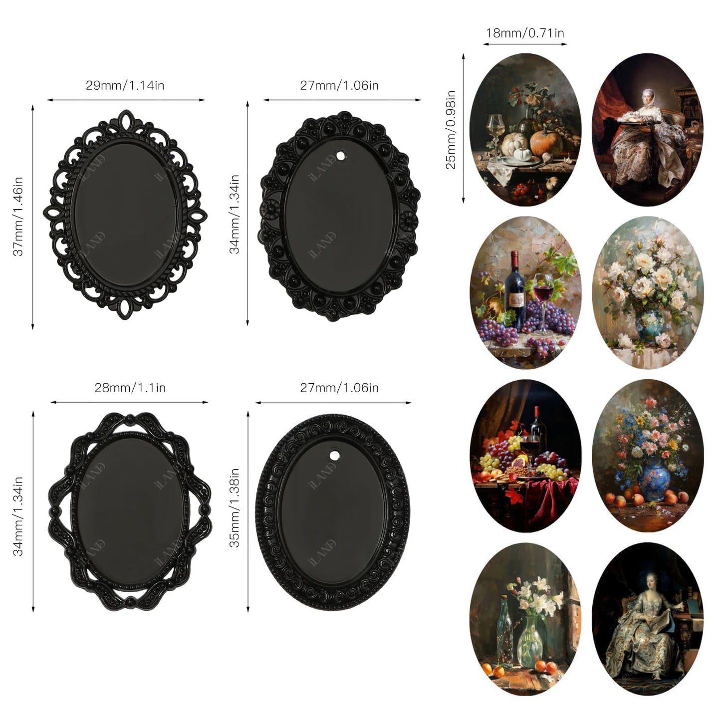 iland 1/12 Scale Tiny Frame Art – 7 Frames + 14 Mini Paintings for Dollhouse Decor (Black Frames)