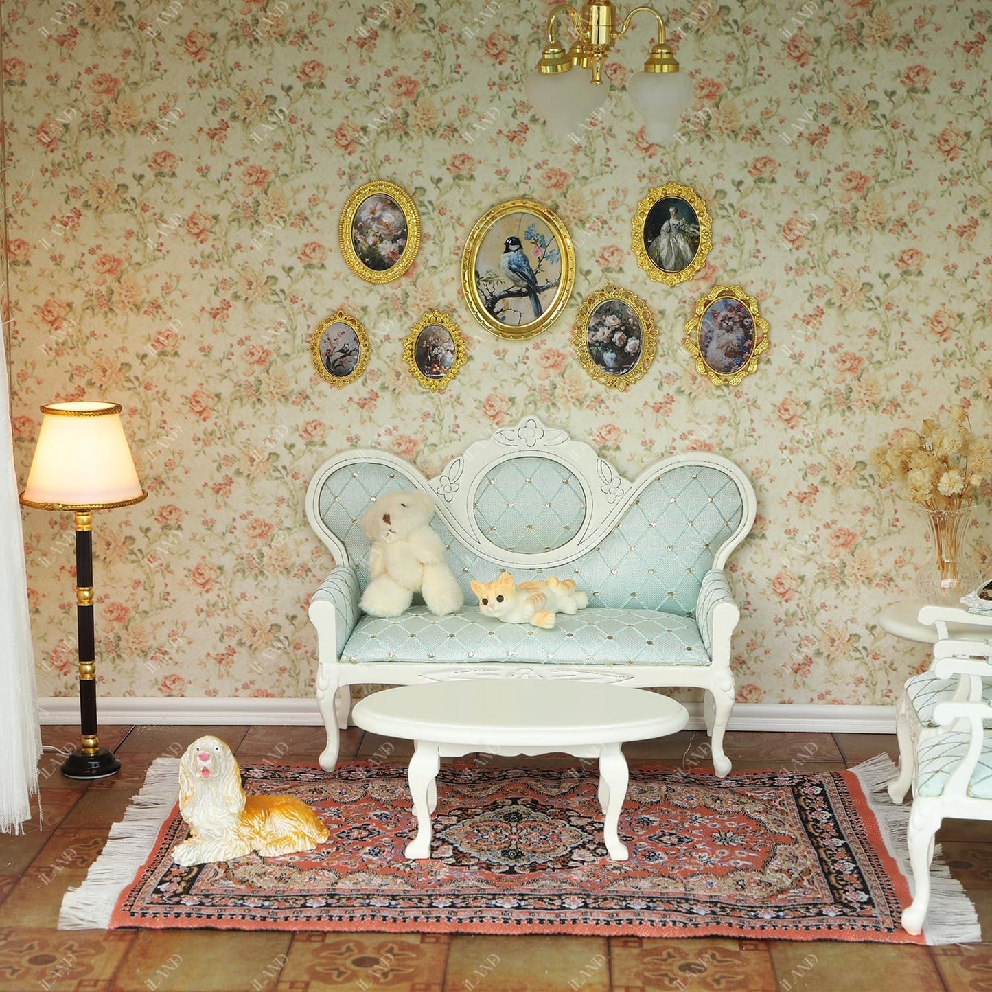iLAND 1/12 Scale Tiny Frames – 7 Frames + 14 Miniature Pictures | Golden Tiny Frame Art for Dollhouses