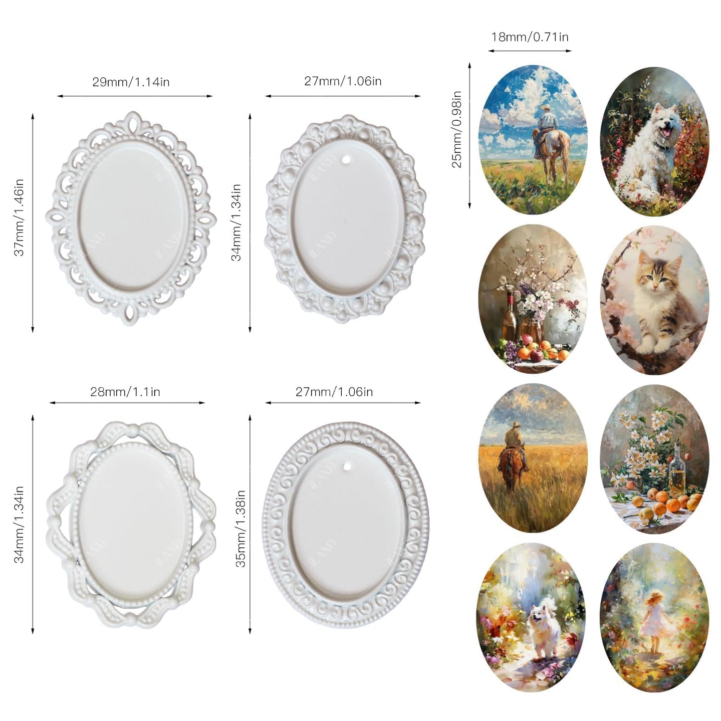 iland 1/12 Scale Tiny Frames Kit – 7 Frames + 14 Mini Pictures for Dollhouse Decor (White Frame Art)