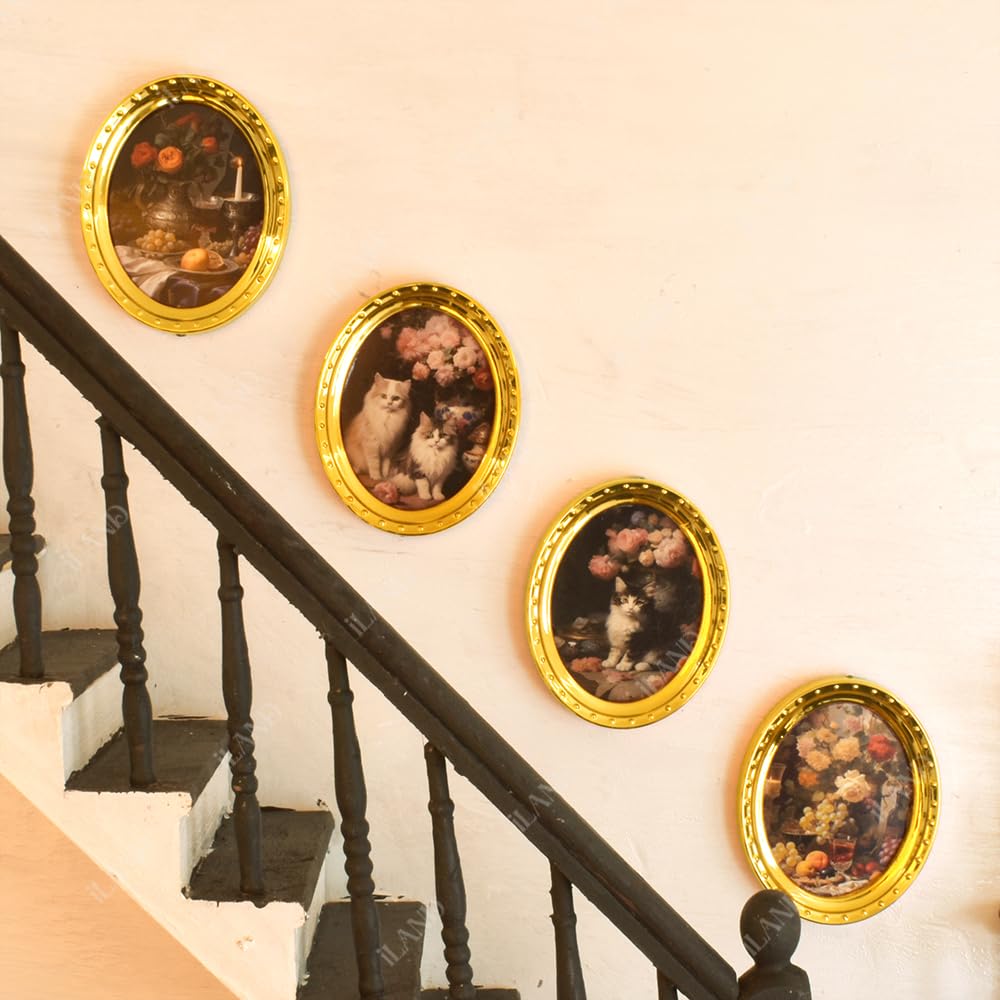 iLAND Miniature Dollhouse Frames Set – 4 Golden Oval Frames with Original Paintings