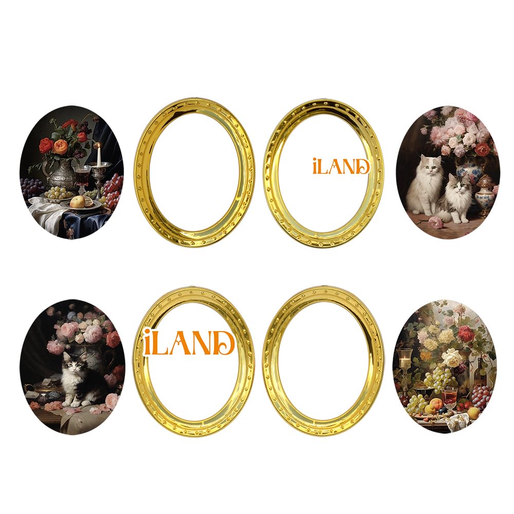 iLAND Miniature Dollhouse Frames Set – 4 Golden Oval Frames with Original Paintings