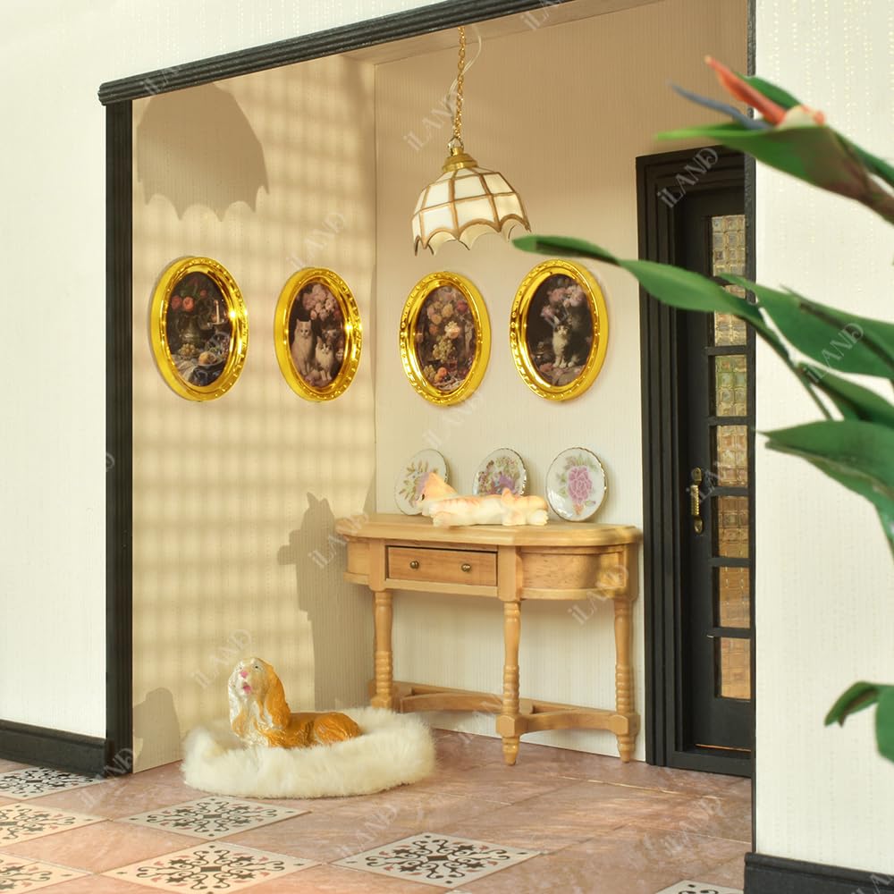 iLAND Miniature Dollhouse Frames Set – 4 Golden Oval Frames with Original Paintings