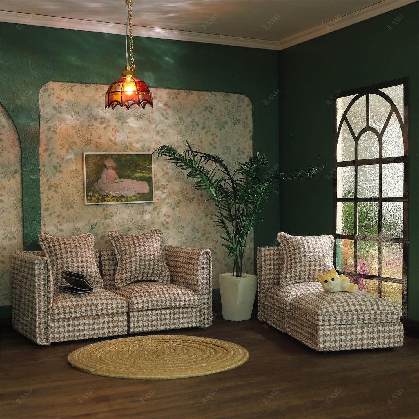 iLAND Dollhouse Sectional Couch Set – 1/12 Scale, Modern Brown Houndstooth Sofa