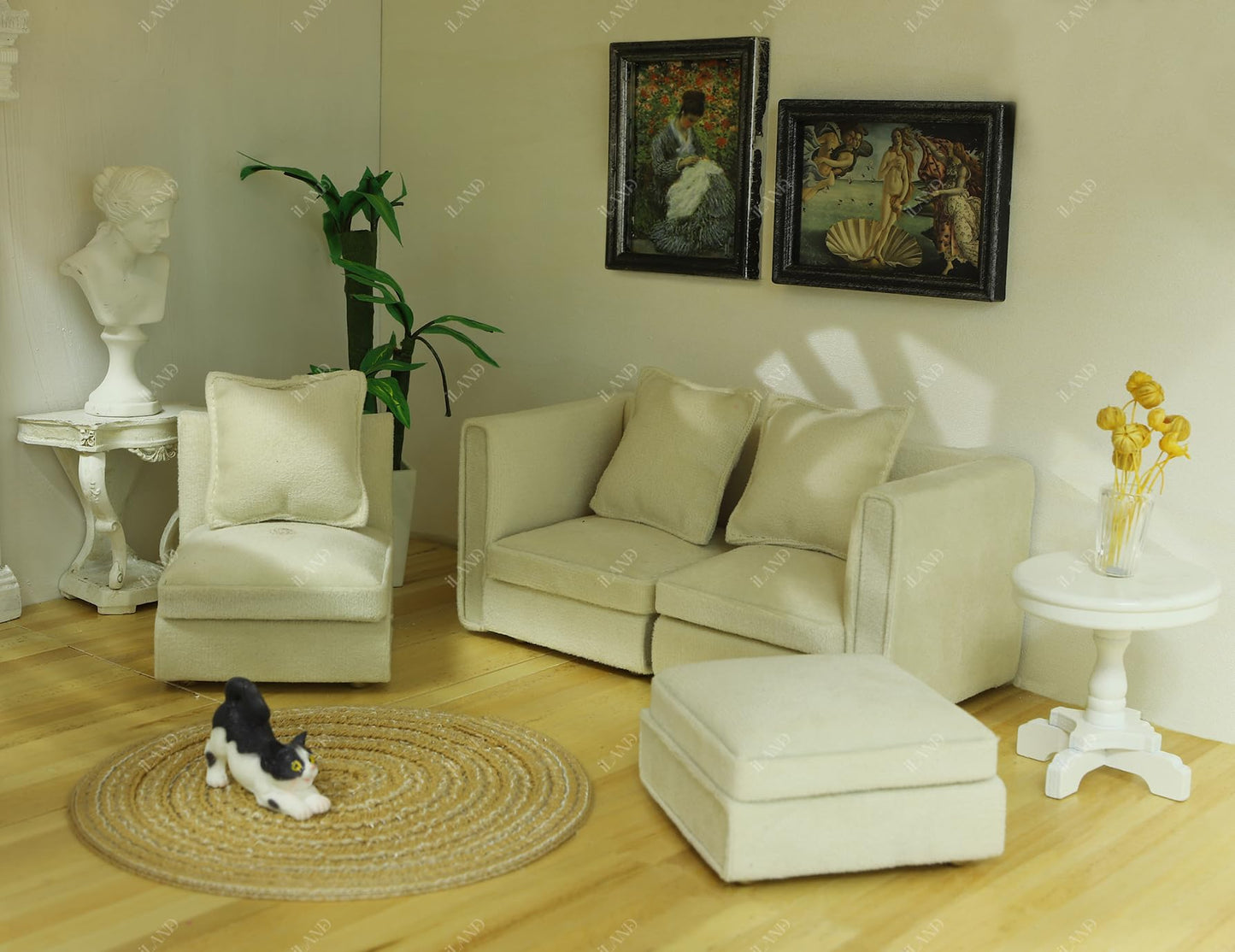 iland 1:12 Dollhouse Sectional Sofa – White Velvet Miniature Couch for 3–6 Inch Dolls