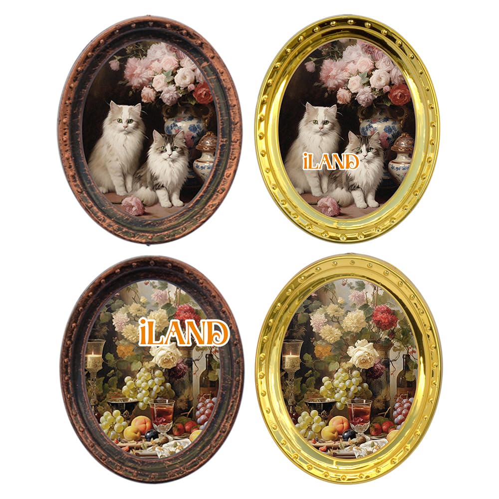 iLAND Miniature Dollhouse Frames Set – 4 Golden Oval Frames with Original Paintings