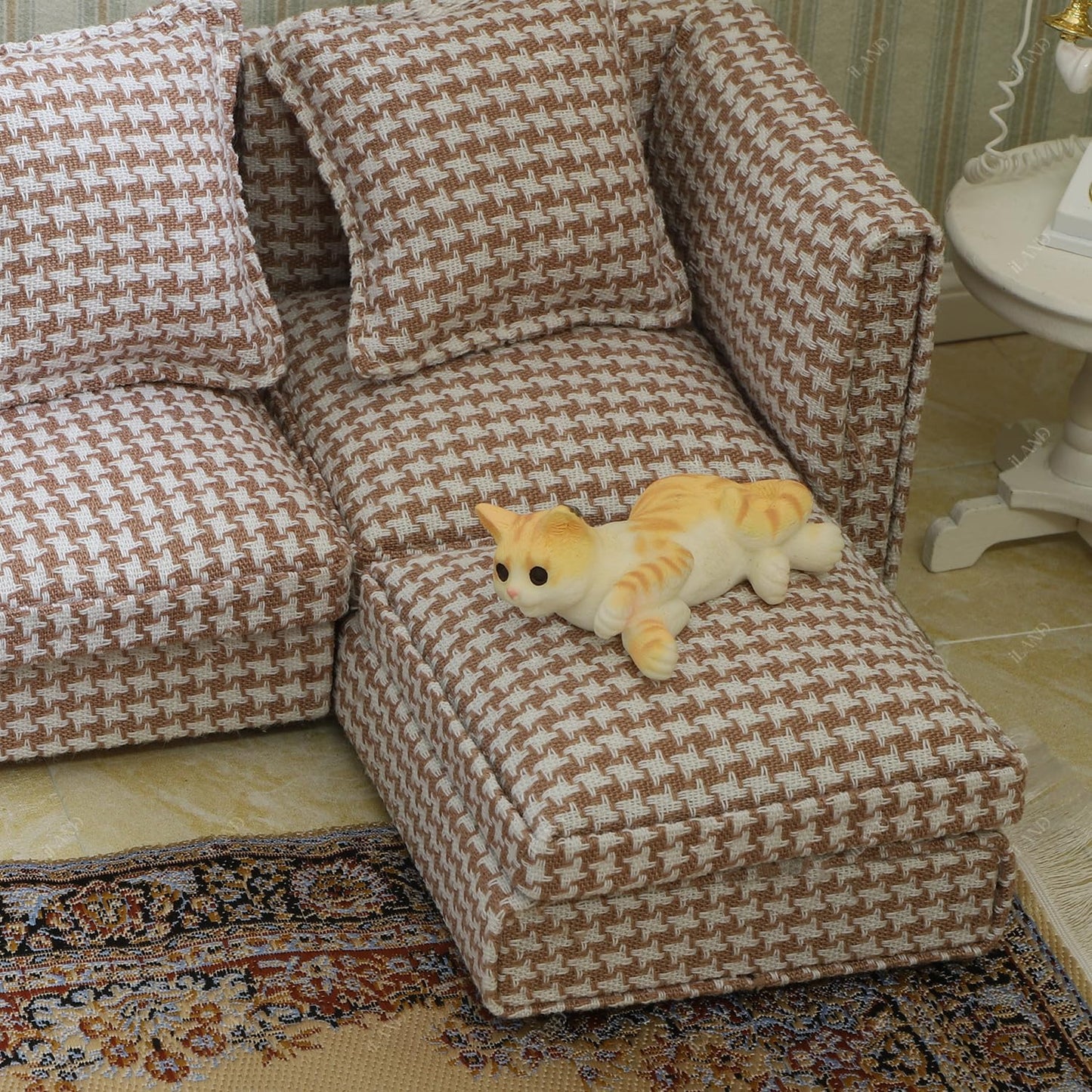 iLAND Dollhouse Sectional Couch Set – 1/12 Scale, Modern Brown Houndstooth Sofa