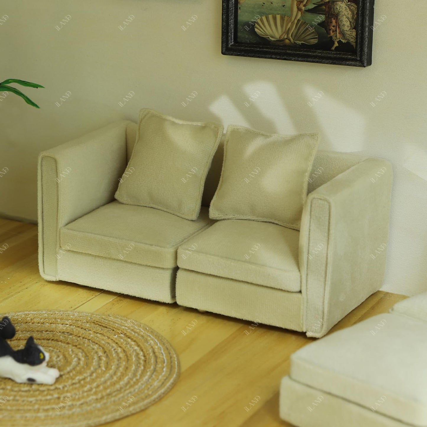 iland 1:12 Dollhouse Sectional Sofa – White Velvet Miniature Couch for 3–6 Inch Dolls