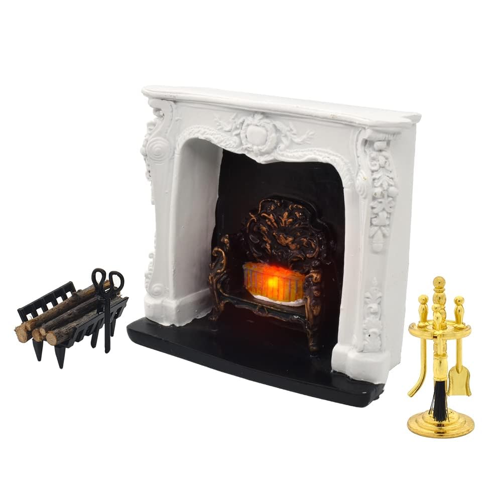iLAND Rococo 1/12 Dollhouse Fireplace Set with Fire Light & Tools (4pc)