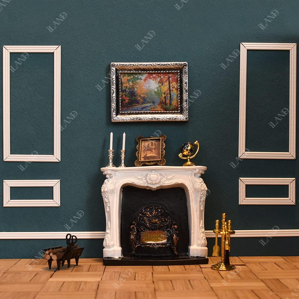 iLAND Rococo 1/12 Dollhouse Fireplace Set with Fire Light & Tools (4pc)
