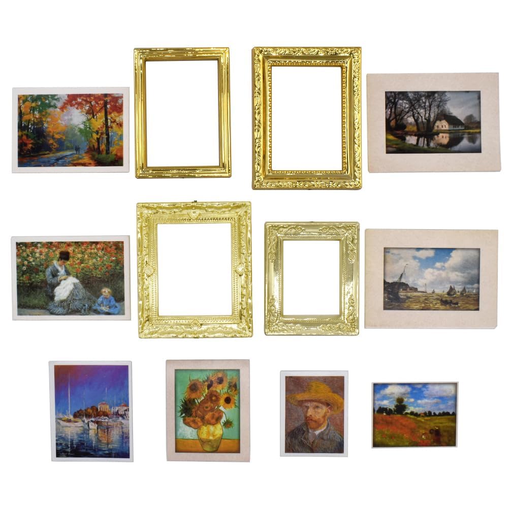 iLAND 1:12 Scale Dollhouse Frames with Printed Paintings – 4 Bright Golden Frames
