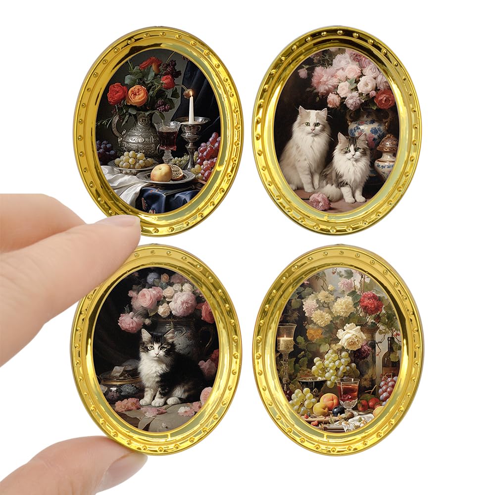 iLAND Miniature Dollhouse Frames Set – 4 Golden Oval Frames with Original Paintings