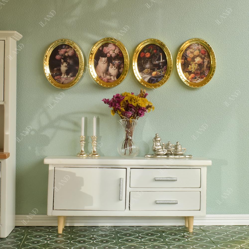 iLAND Miniature Dollhouse Frames Set – 4 Golden Oval Frames with Original Paintings