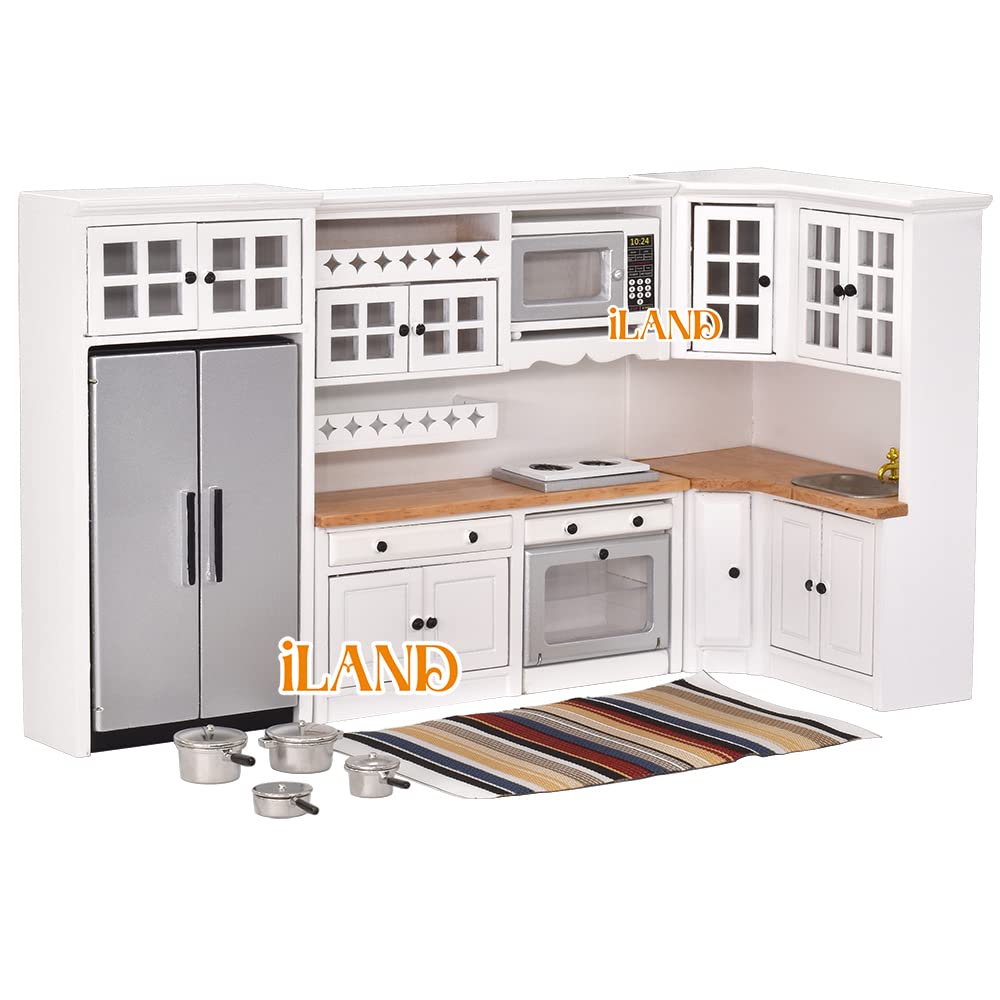 iLAND Dollhouse Kitchen – Modern 1/12-Scale Wooden Furniture Set for Miniature Food