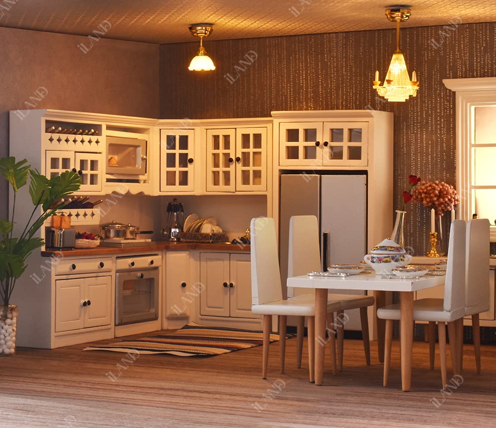 iLAND Dollhouse Kitchen – Modern 1/12-Scale Wooden Furniture Set for Miniature Food