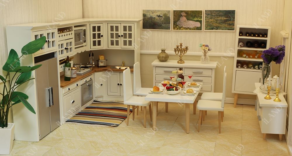 iLAND Dollhouse Kitchen – Modern 1/12-Scale Wooden Furniture Set for Miniature Food