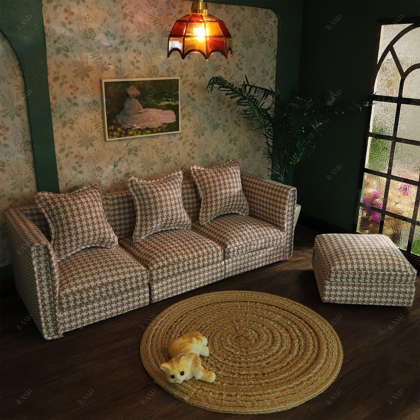 iLAND Dollhouse Sectional Couch Set – 1/12 Scale, Modern Brown Houndstooth Sofa