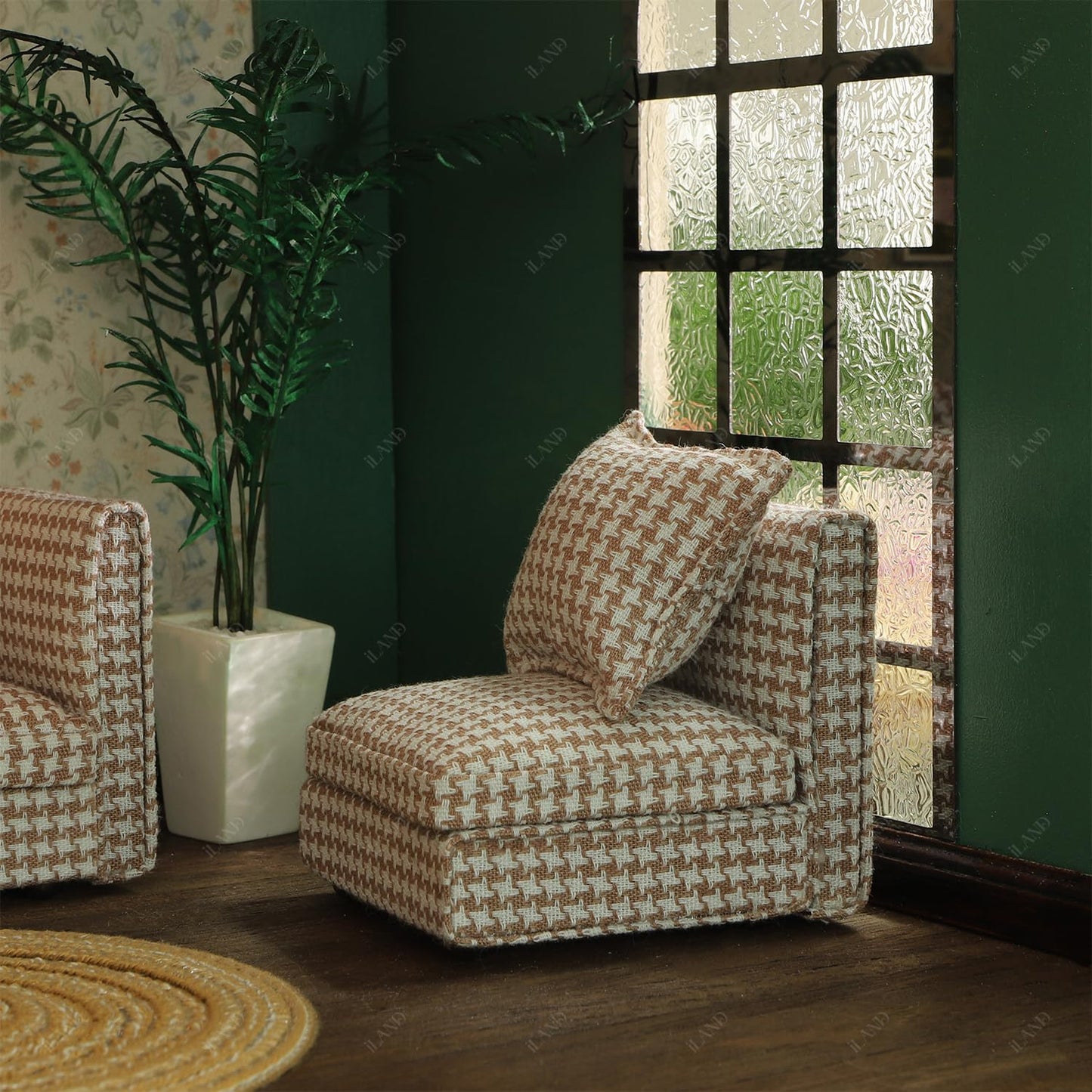 iLAND Dollhouse Sectional Couch Set – 1/12 Scale, Modern Brown Houndstooth Sofa