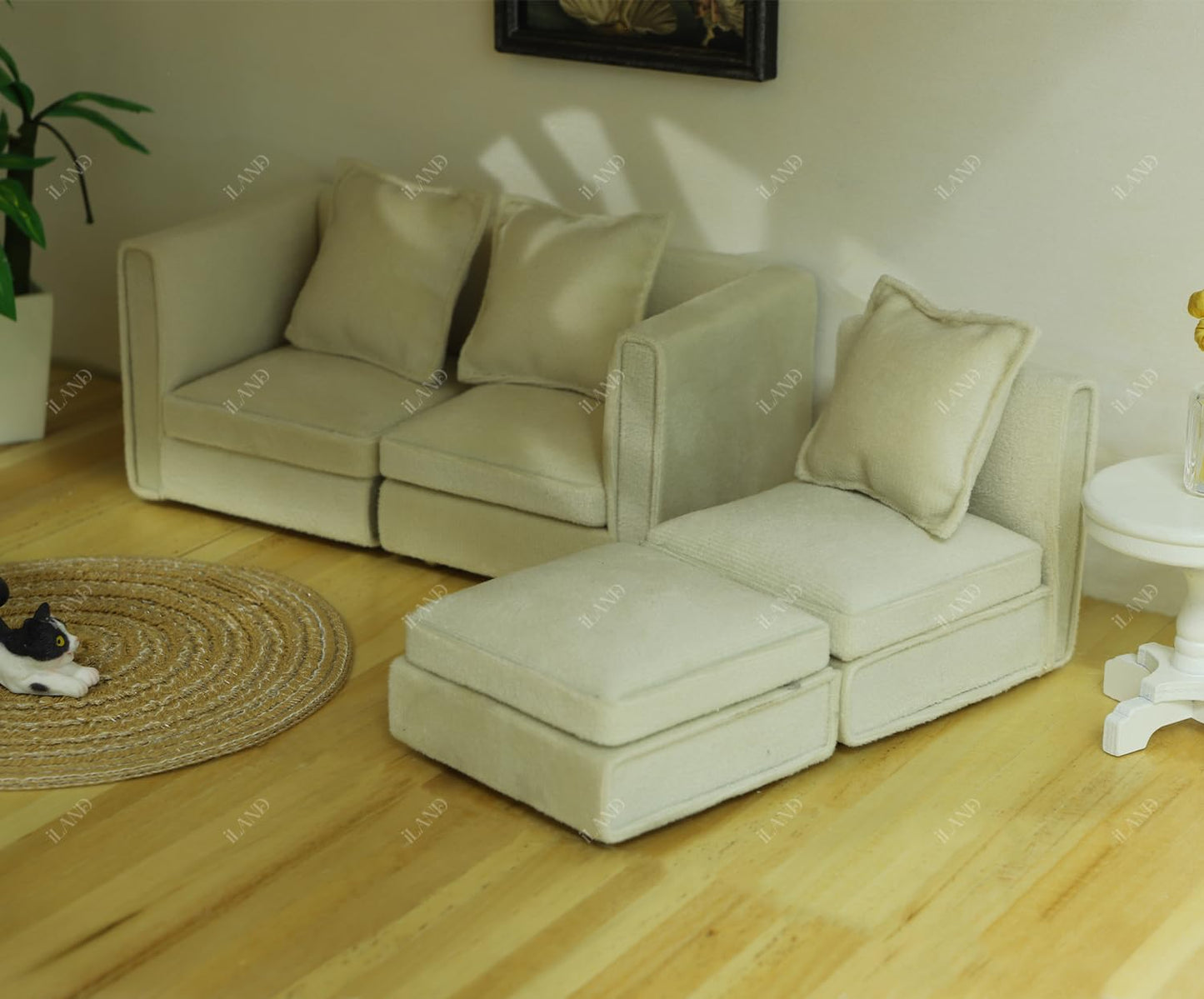 iland 1:12 Dollhouse Sectional Sofa – White Velvet Miniature Couch for 3–6 Inch Dolls