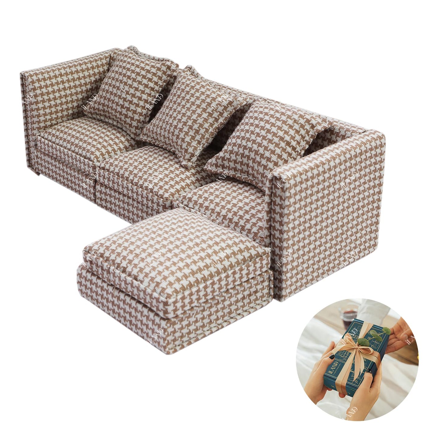 iLAND Dollhouse Sectional Couch Set – 1/12 Scale, Modern Brown Houndstooth Sofa