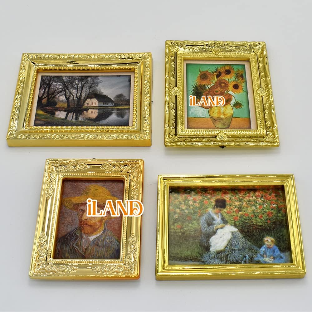 iLAND 1:12 Scale Dollhouse Frames with Printed Paintings – 4 Bright Golden Frames