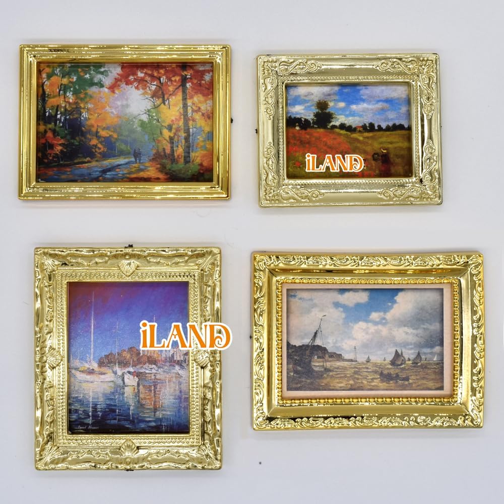iLAND 1:12 Scale Dollhouse Frames with Printed Paintings – 4 Bright Golden Frames