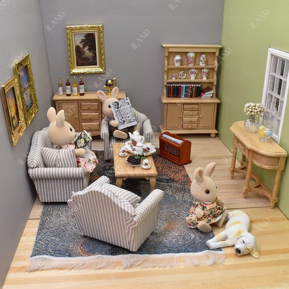 iLAND 1:12 Scale Dollhouse Frames with Printed Paintings – 4 Bright Golden Frames