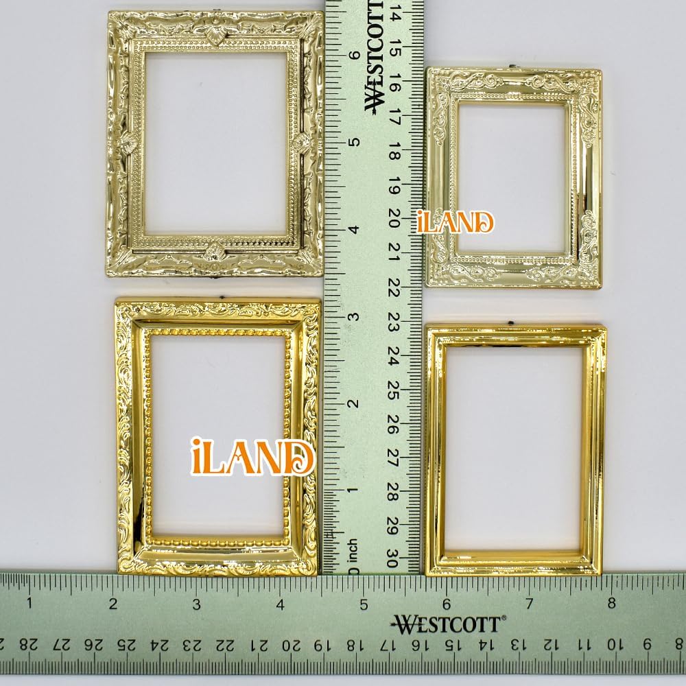 iLAND 1:12 Scale Dollhouse Frames with Printed Paintings – 4 Bright Golden Frames