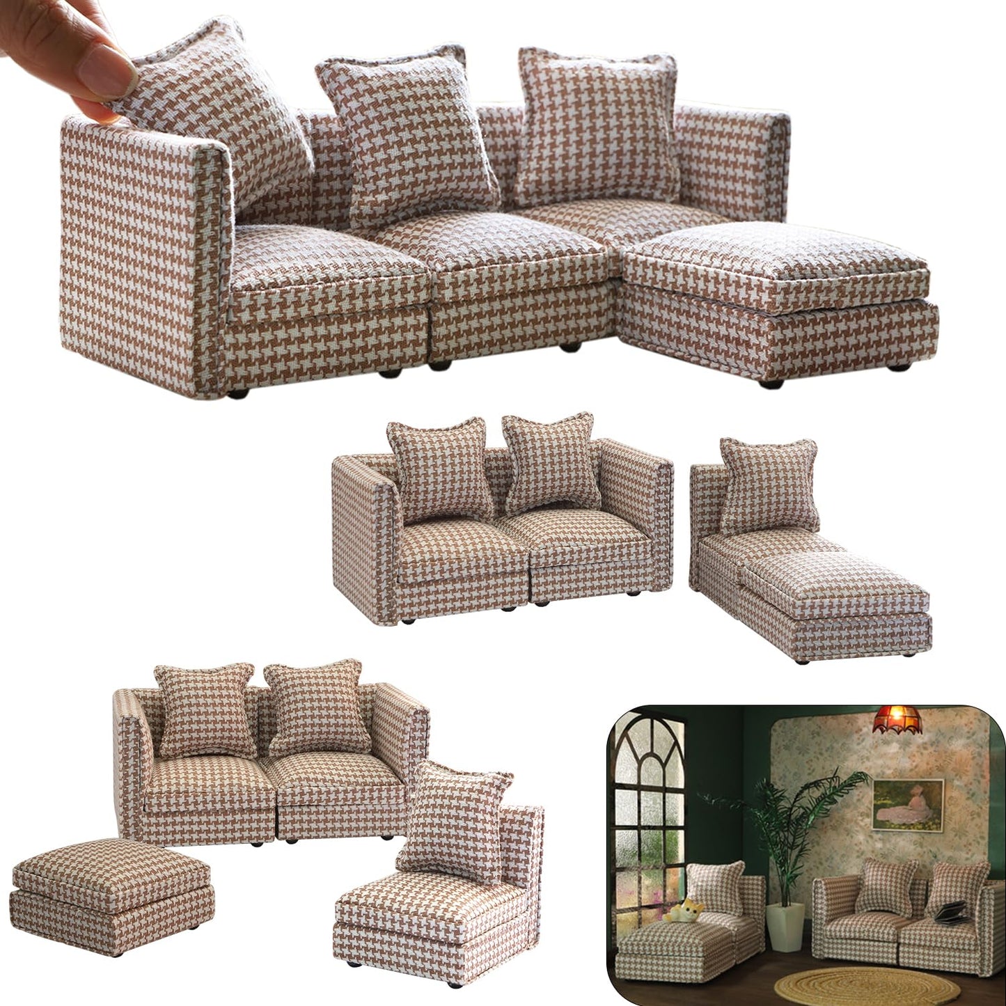 iLAND Dollhouse Sectional Couch Set – 1/12 Scale, Modern Brown Houndstooth Sofa